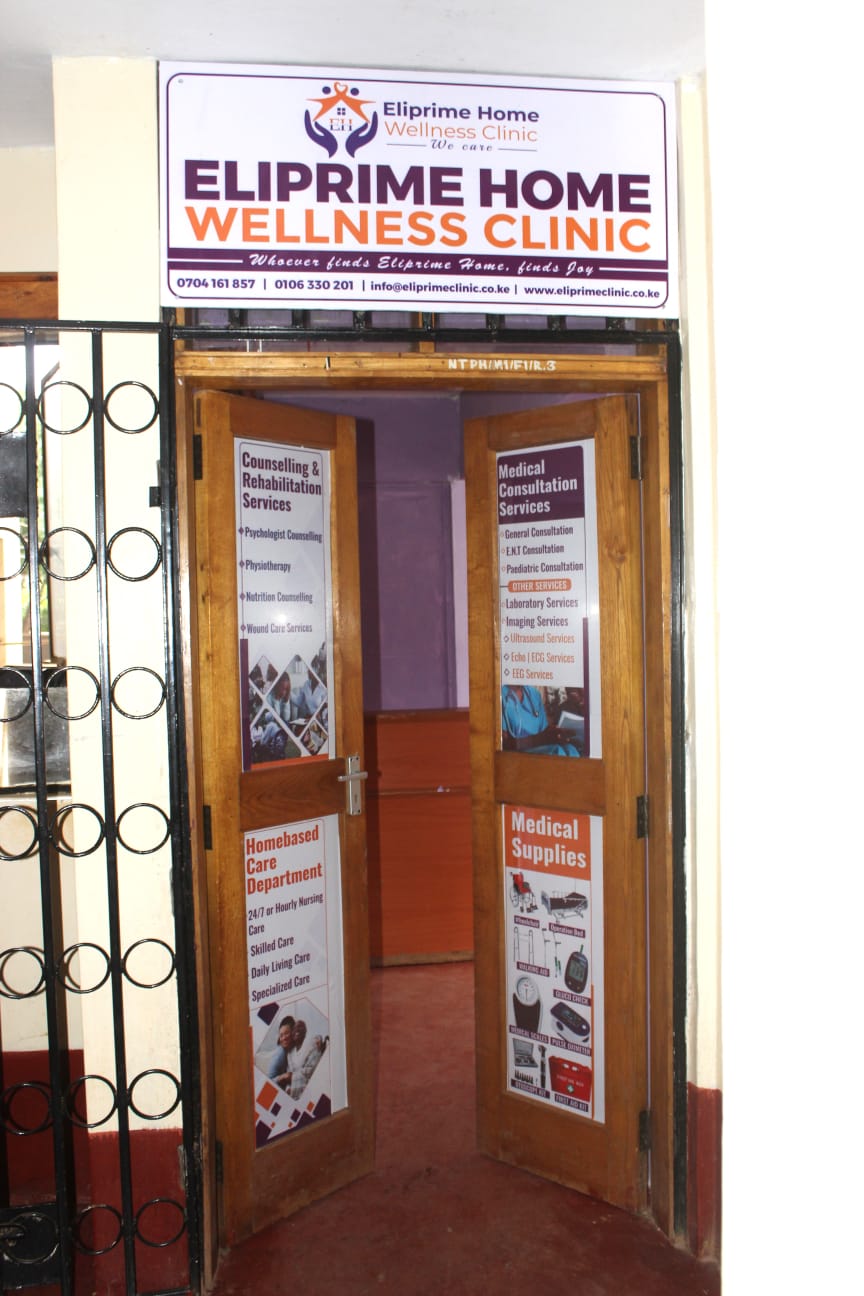 Entrance to Eliprime Home Wellness Clinic at Teachers Plaza, 1st Floor, Kimathi Street, Nyeri, Kenya