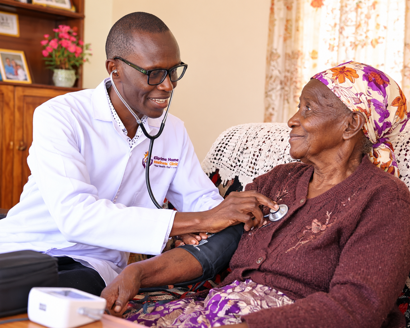 A nurse checking an older patient’s blood pressure at home